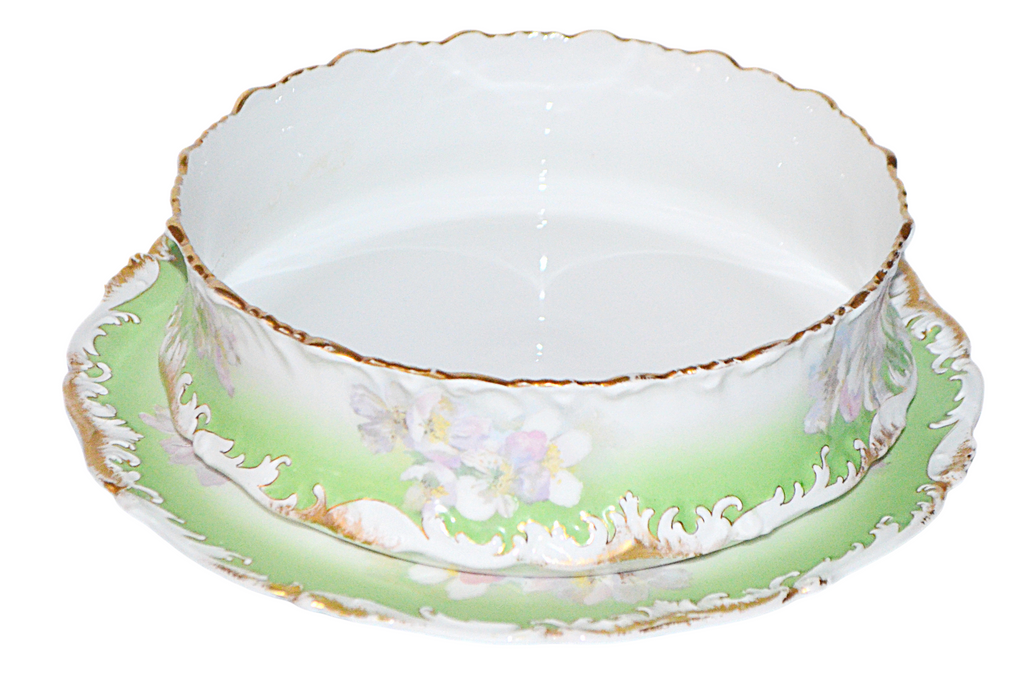 Antique Limoges Porcelain Pudding Bowl & Under Plate Set - Hand Painted T&V, Late Victorian Era