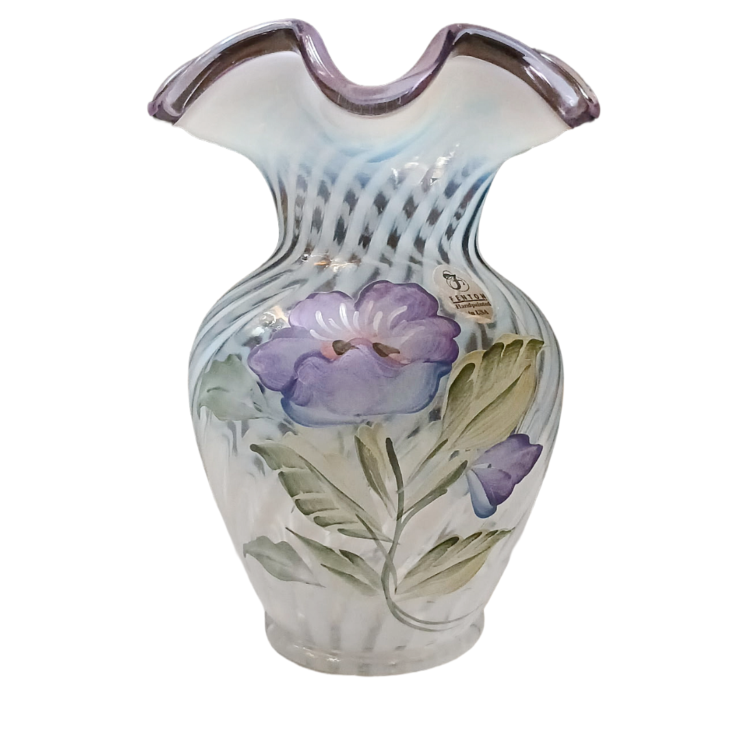 fenton artist signed purple flower spiral optic opalescent vase