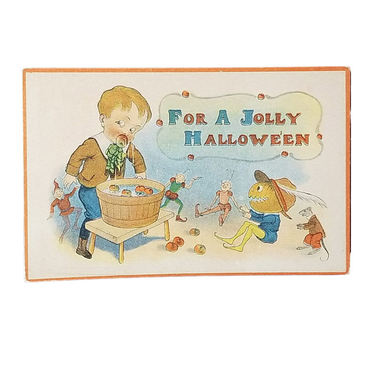 A vintage-style Halloween greeting card or print with the text 'For A Jolly Halloween' and an illustrated scene showing a child, small figures, and a jack-o'-lantern on an off-white background with a thin orange border.