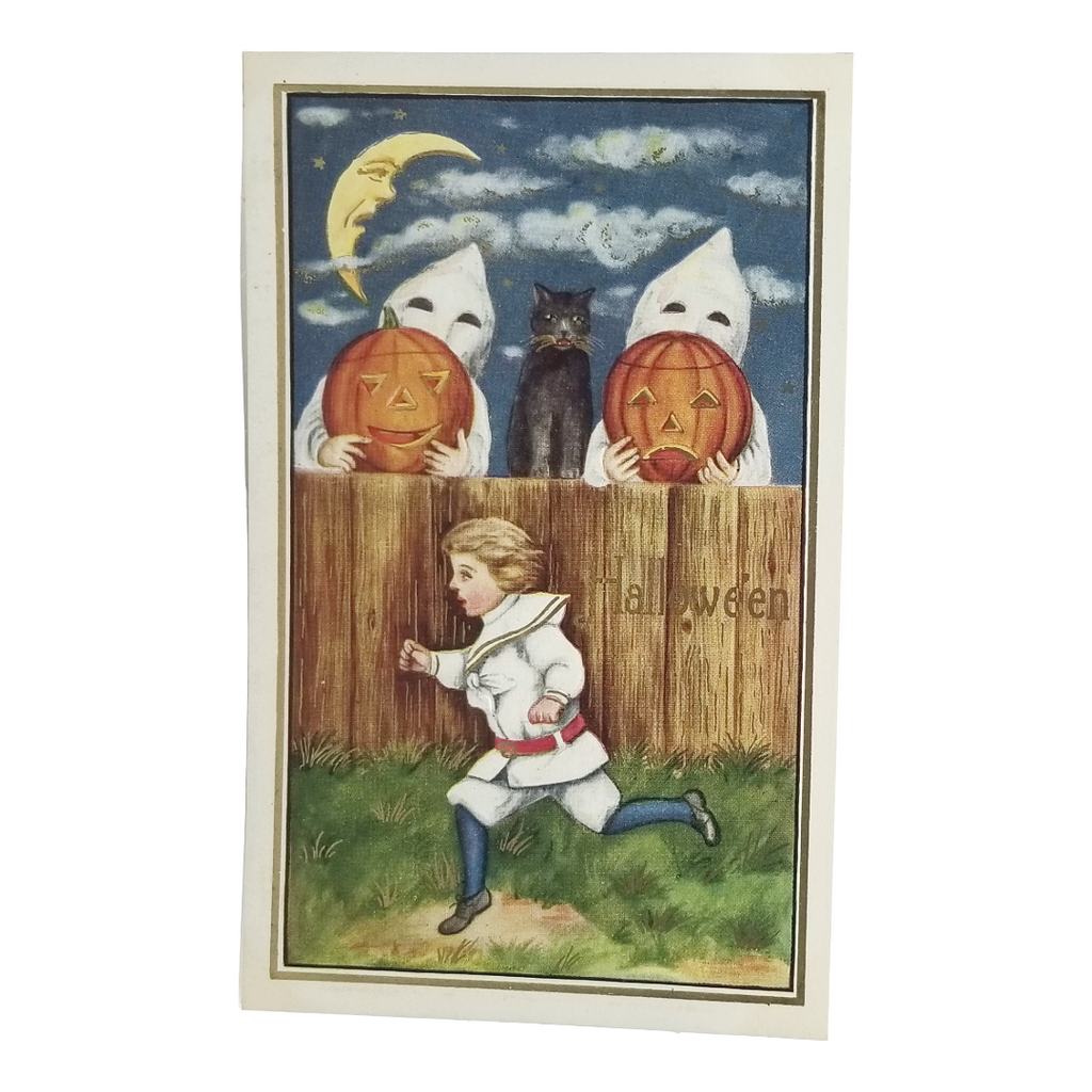 Vintage-style Halloween card with two children in ghost costumes holding jack-o'-lanterns and a black cat.