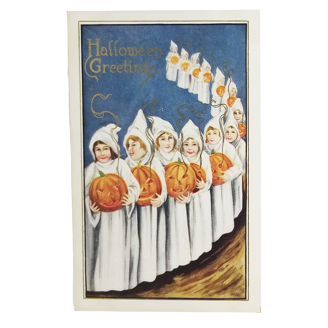 Antique Vintage 1910s WhitneyHalloween Postcard - Children Dressed as Ghosts Holding Jack-O'-Lanterns 👻