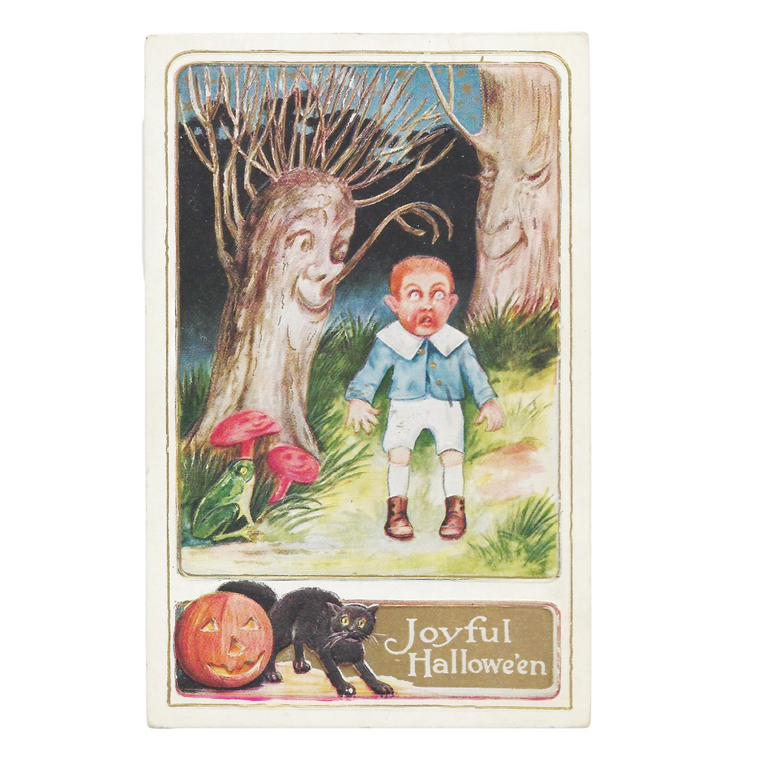 Antique Whitney Made "Joyful Halloween" Postcard - Scared Boy & Smiling Trees (1911)