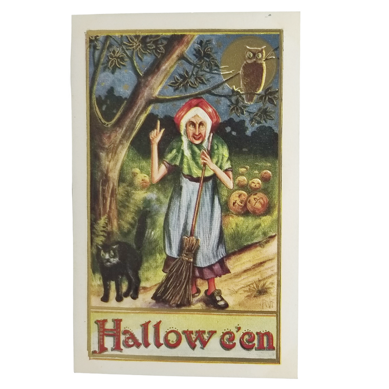 antique gold embossed halloween postcard by whitney publishing featuring a witch on a path at night under an owl with black cat at her feet and jol pumpkin patch.