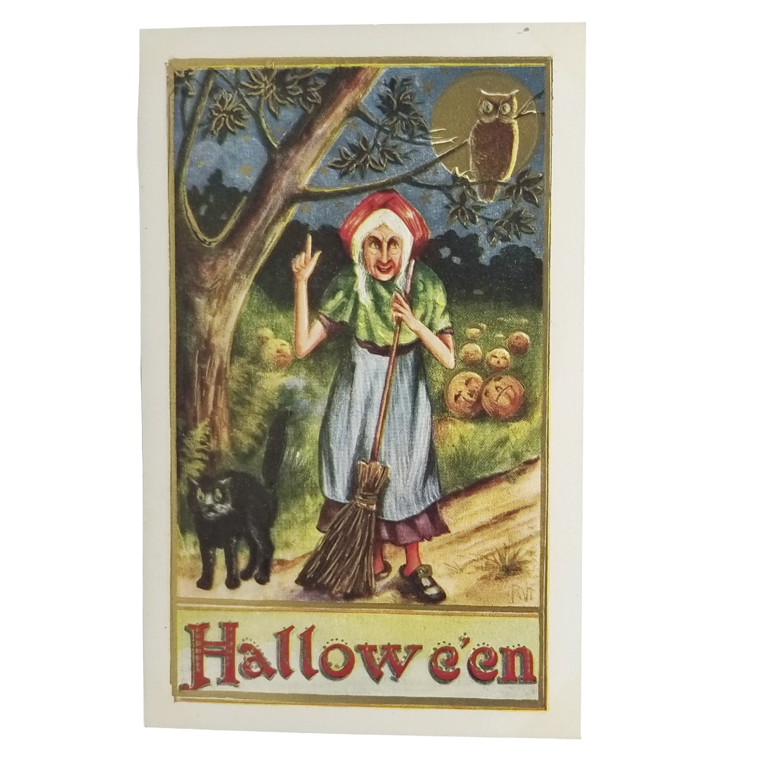 antique gold embossed halloween postcard by whitney publishing featuring a witch on a path at night under an owl with black cat at her feet and jol pumpkin patch.