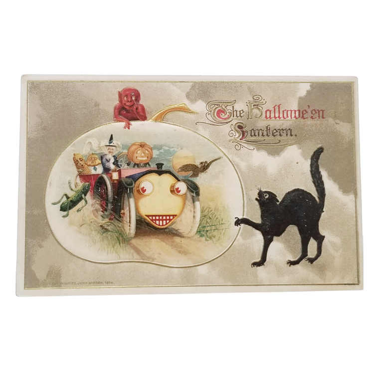 Antique 1914 John Winsch Halloween Postcard - Witch Driving Vegetable Car & Black Cat 🎃🐈‍⬛