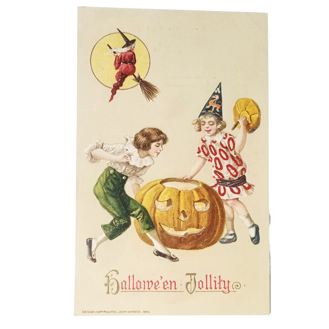 Antique 1915 John Winsch Halloween Postcard - Hallowe'en Jollity Witch Pumpkin