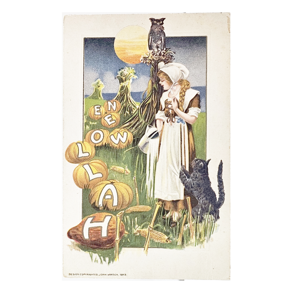 Antique 1913 John Winsch Halloween Postcard - Samuel Schmucker Witch & Black Cat Art