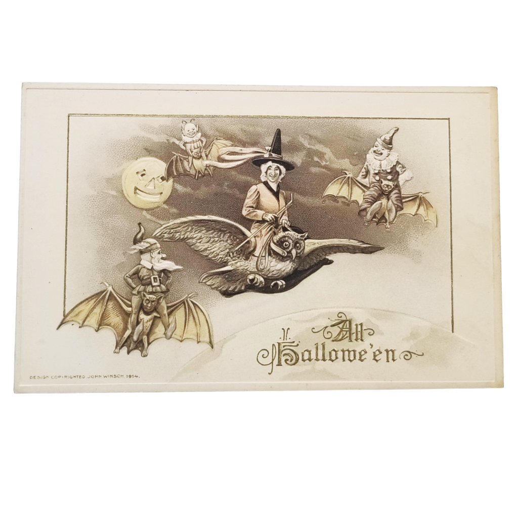 A vintage Halloween art print or postcard featuring whimsical illustrations of witches riding birds under a crescent moon, with the text 'All Hallowe'en' at the bottom, shown against a plain white background.