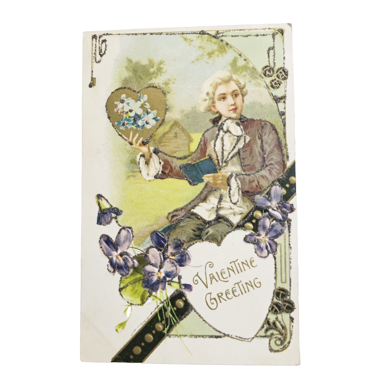 Valentine Postcard Winsch Pub German Embossed Victorian Man Hearts Flowers