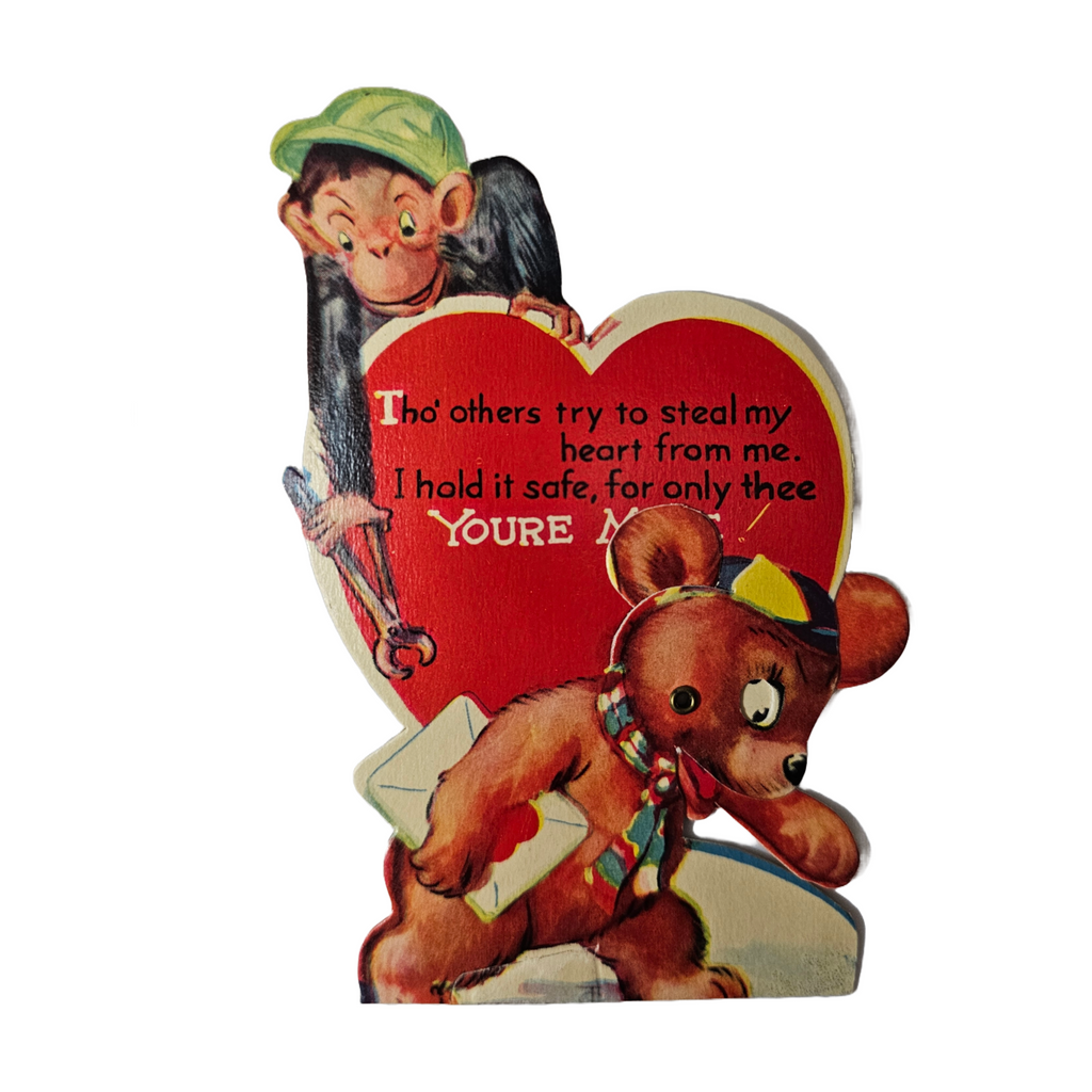 Antique Vintage Die cut Mechanical Valentine Monkey with Wrench Stealing Dressed Bear's Valentine's Card Artist Charles Twelvetrees