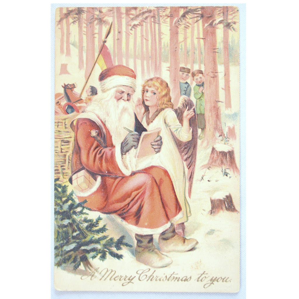 Santa Claus Postcard Christmas Card Red Robe Old World St. Nick Making a List Angel Whispering Embossed Relief PFB Germany 9593