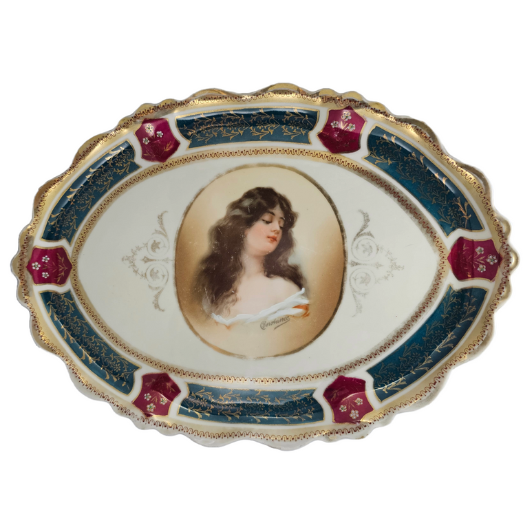 Austrian Porcelain Oval Plaque Dresser Tray Portrait of Asti's Constance