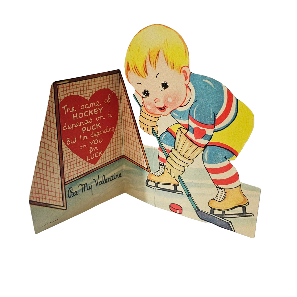 Vintage Die Cut Valentine Card Little Boy with Blonde Hair Playing Hockey