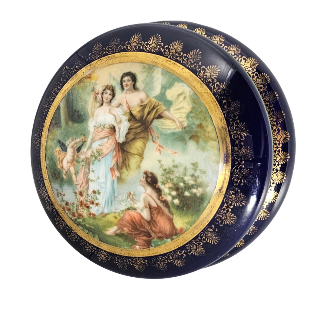 Royal Vienna Porcelain Dresser Box Cupid Persephone Mythological Scene Cobalt Blue Vanity Jar Blue Beehive Mark
