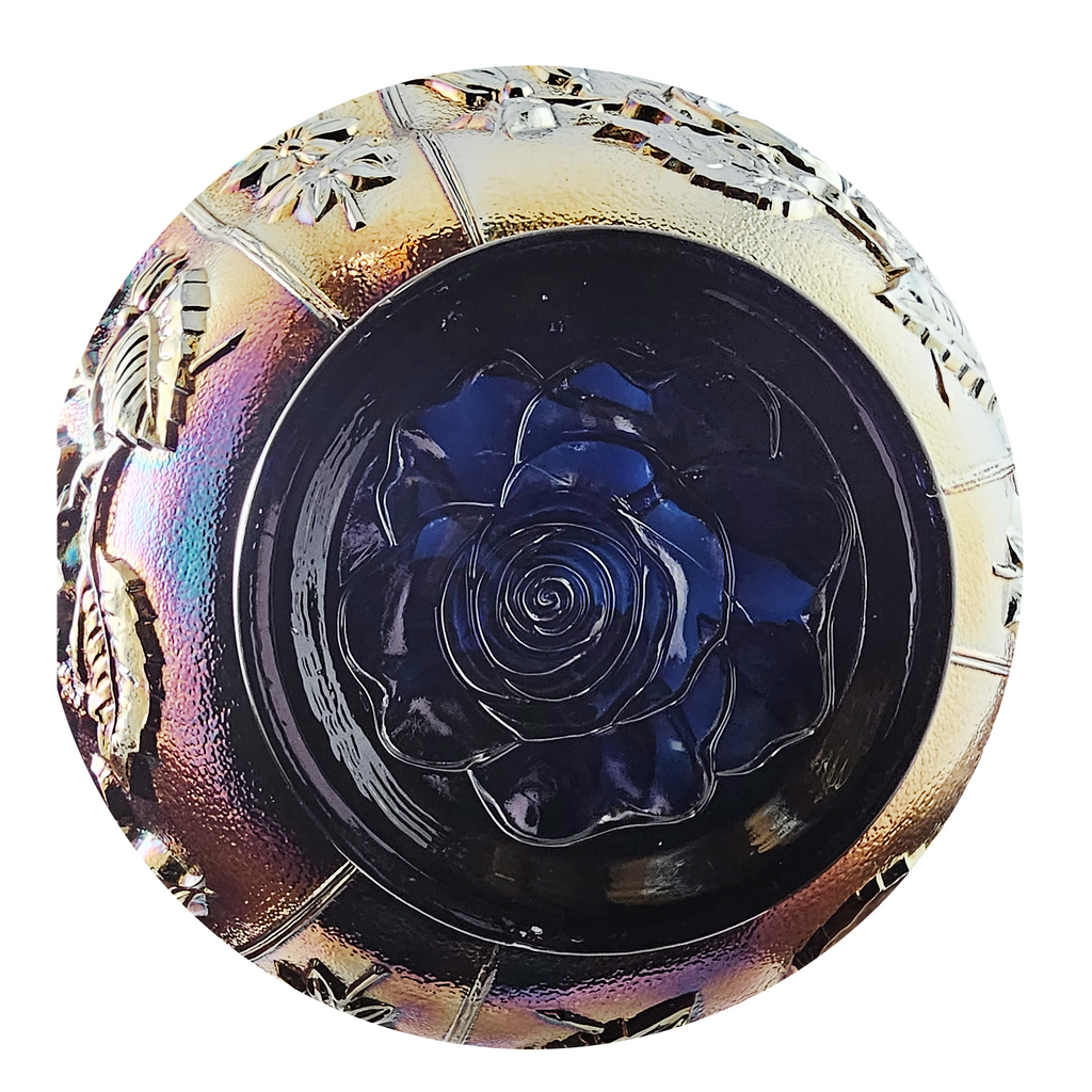 RARE Blue Stippled Imperial Carnival Glass Open Rose Lustre Rose Collar Based Bowl
