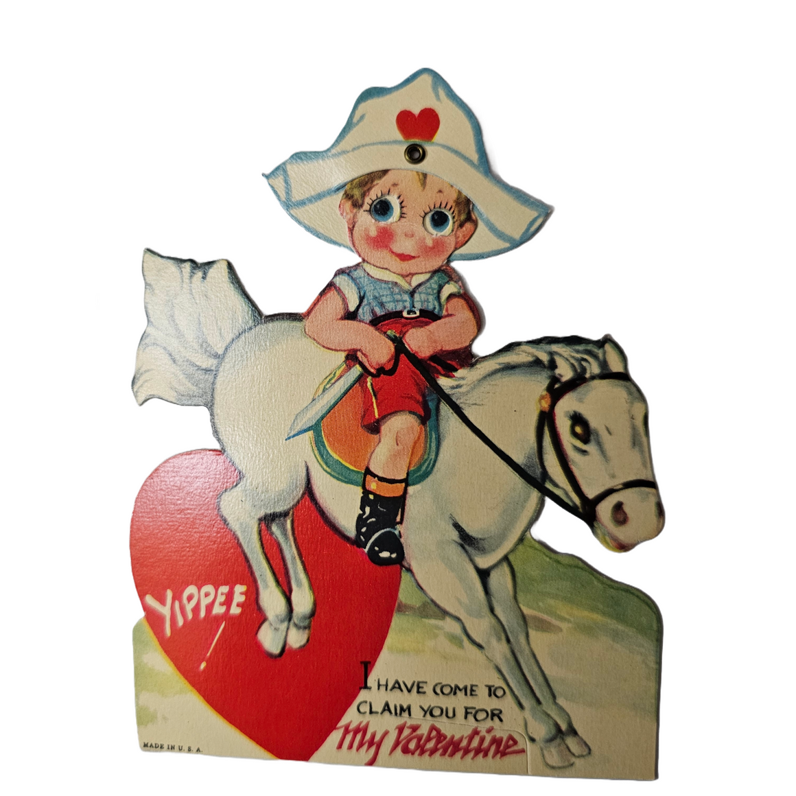 Antique Vintage Die Cut Mechanical Valentine Card Little Cowboy on White Horse