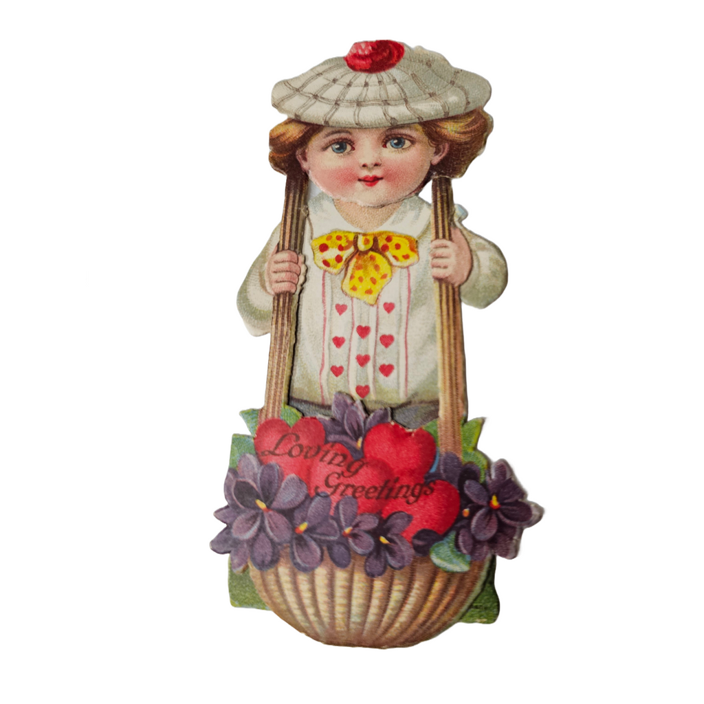 Antique Vintage Die Cut Valentine Card Stand Up Miniature Boy on Flower Swing Basket German 1920s