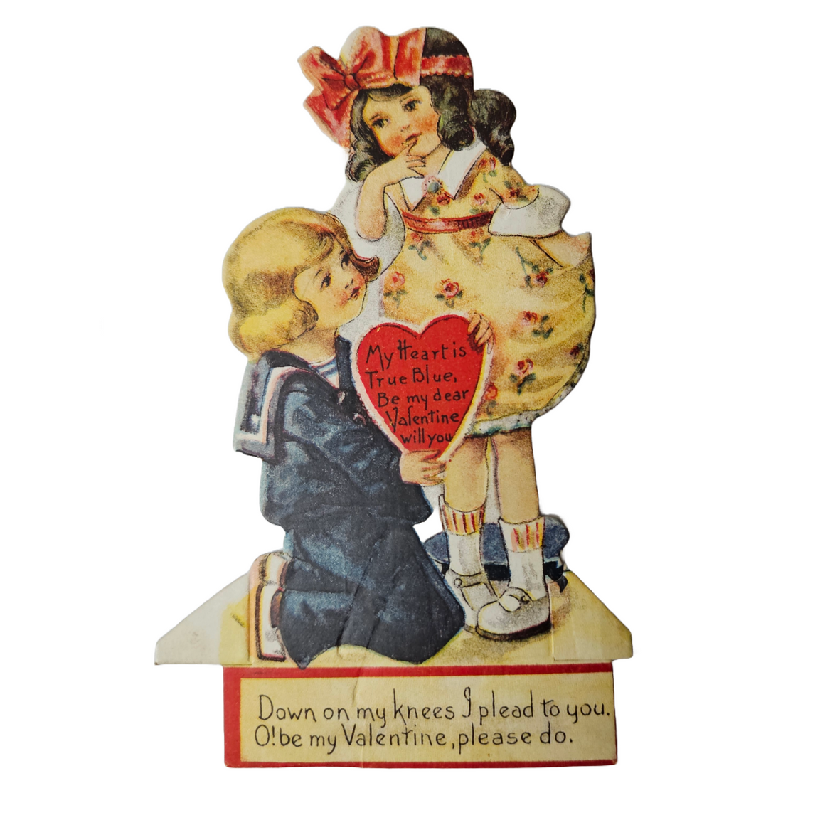 Antique Vintage Die Cut Valentine Card Little Boy On Knee Pleading with Little Girl to Be His Sweetheart
