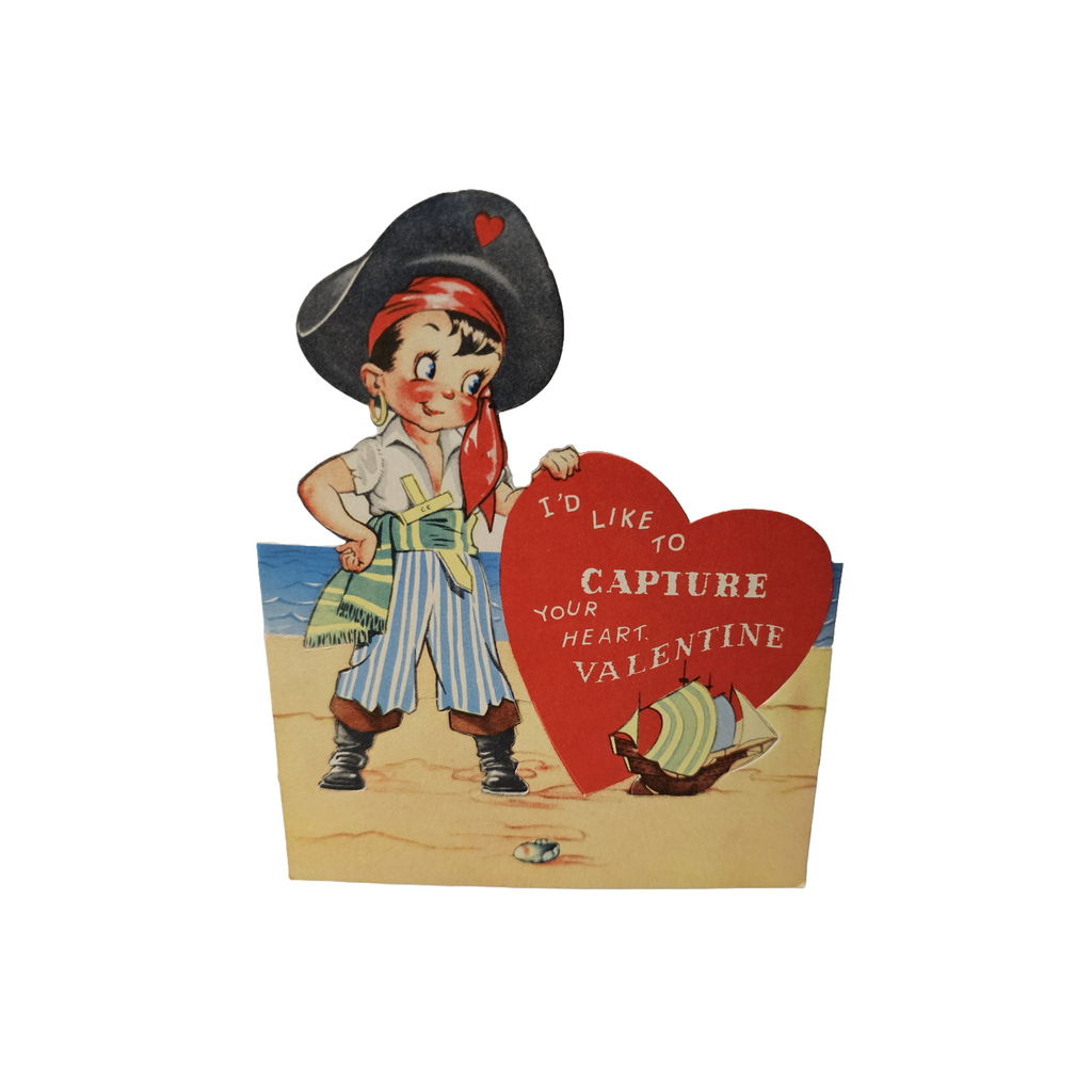 Antique Die Cut Valentine Card Boy Dressed as Pirate I'd Like To Capture Your Heart Golden Bell Pub