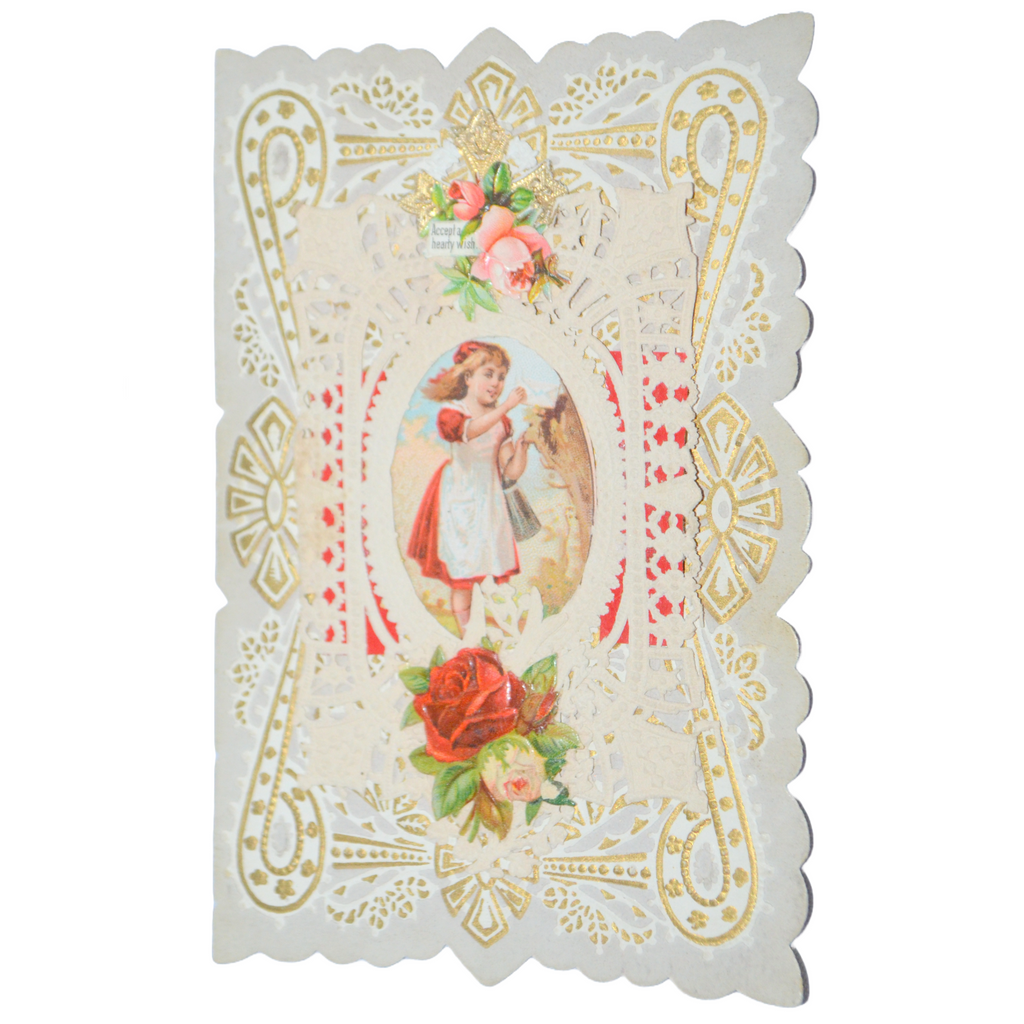 Die Cut Embossed Antique Valentine Card Dresden Paper Lace Gold with Little Girl in Center