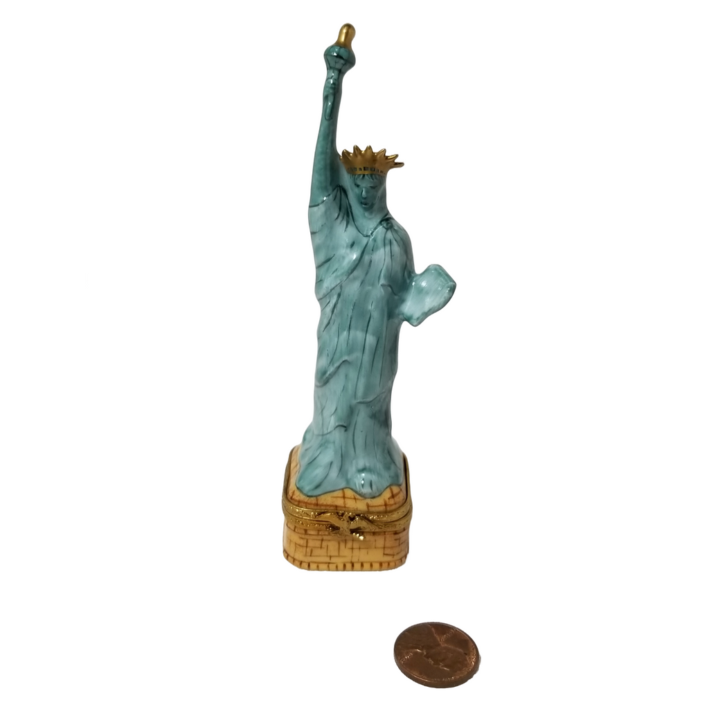 Vintage Limoges Peint Main Porcelain Statue of Liberty Hinged Trinket Box Artist Signed