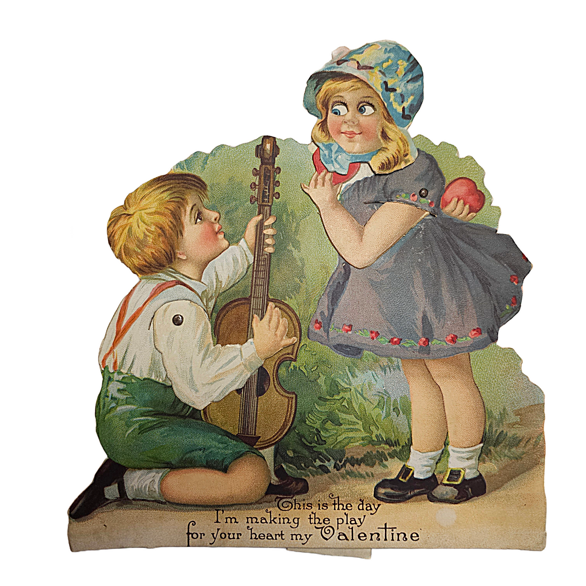 Antique Vintage Die Cut Mechanical Valentine Display Card Boy Playing Guitar to Little Girl with Heart