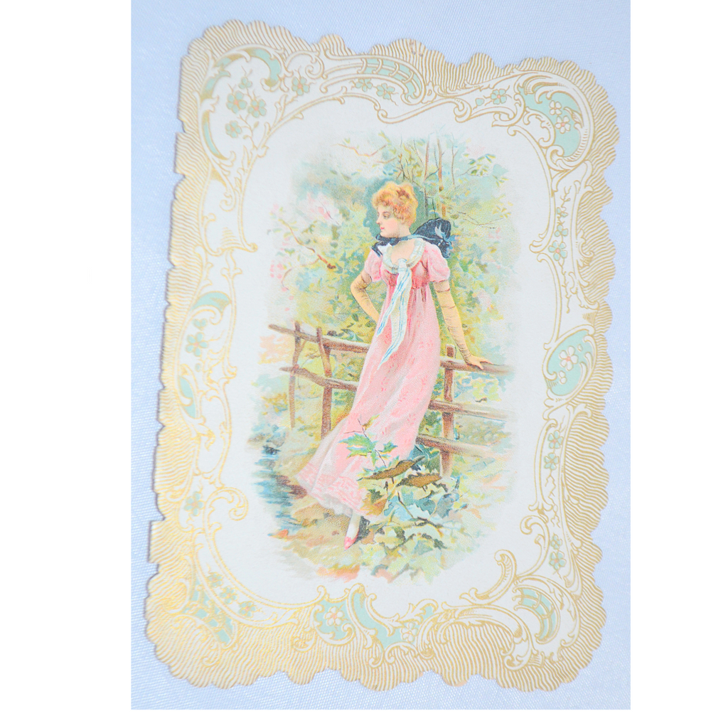 Die Cut Embossed Antique Valentine Card Chromolithograph Woman in Garden