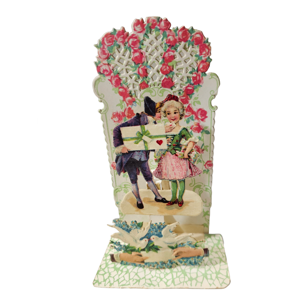 Antique Vintage German Die Cut Valentine Card 3D Stand Up Honeycomb Puff Couple with Flowers & Doves