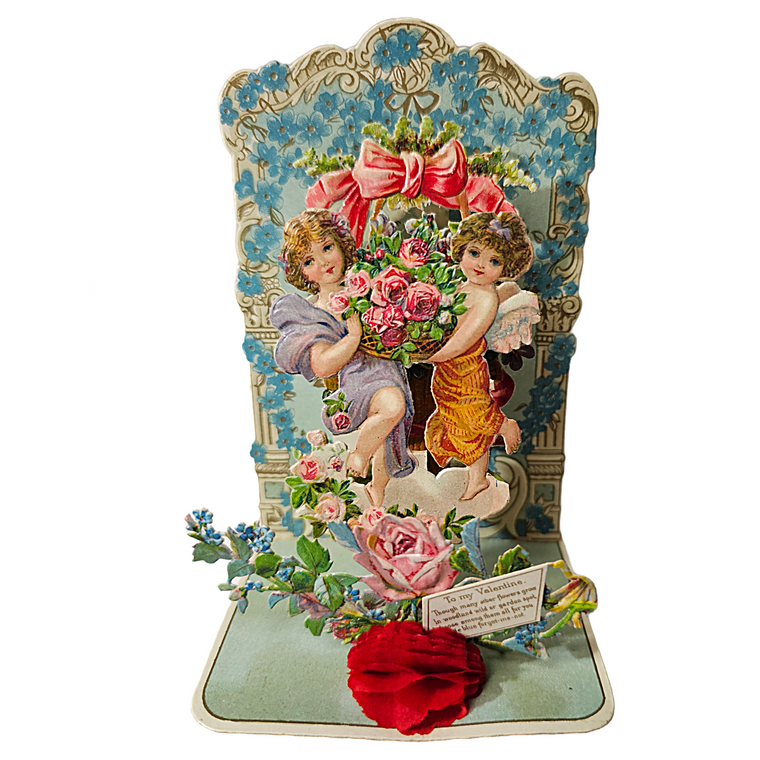 Antique Vintage Die Cut Valentine Card 3D Fold Down with Cupids Surrounded by Flowers Honeycomb Puff