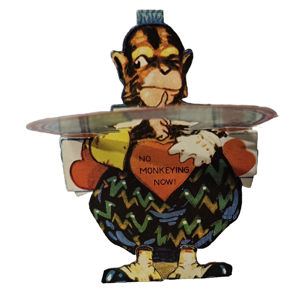 Antique Vintage Die Cut Valentine Card Humanized Monkey Dressed Holding Cards No Monkeying Around
