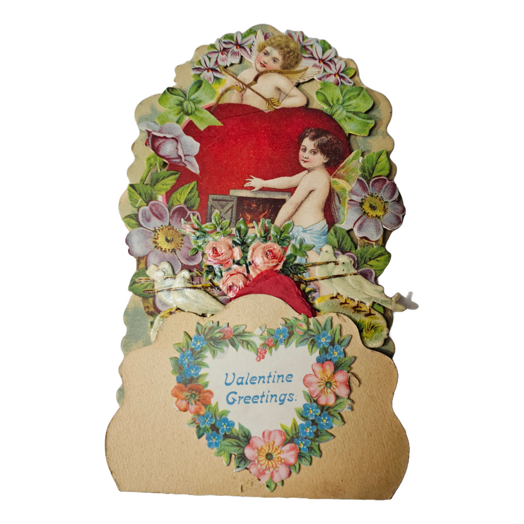 Antique Vintage German Die Cut Valentine Card 3D Stand Up Honeycomb Puff Cupids Loading Hearts into Fire
