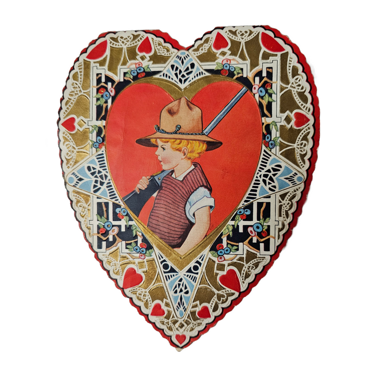 Vintage Antique Valentine Card Boy Holding His BB Gun Wearing Boy Scout Hat Whitney Made