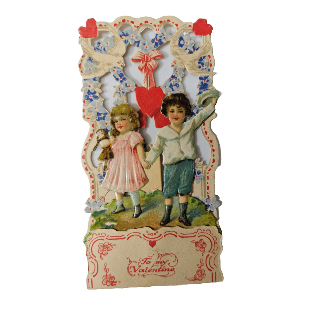Antique Vintage German Die Cut Valentine Card 3D Stand Up Honeycomb Puff Children Holding Hands