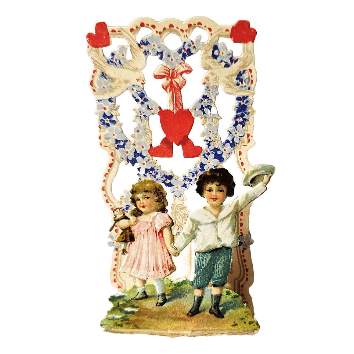 Antique Vintage German Die Cut Valentine Card 3D Stand Up Honeycomb Puff Children Holding Hands