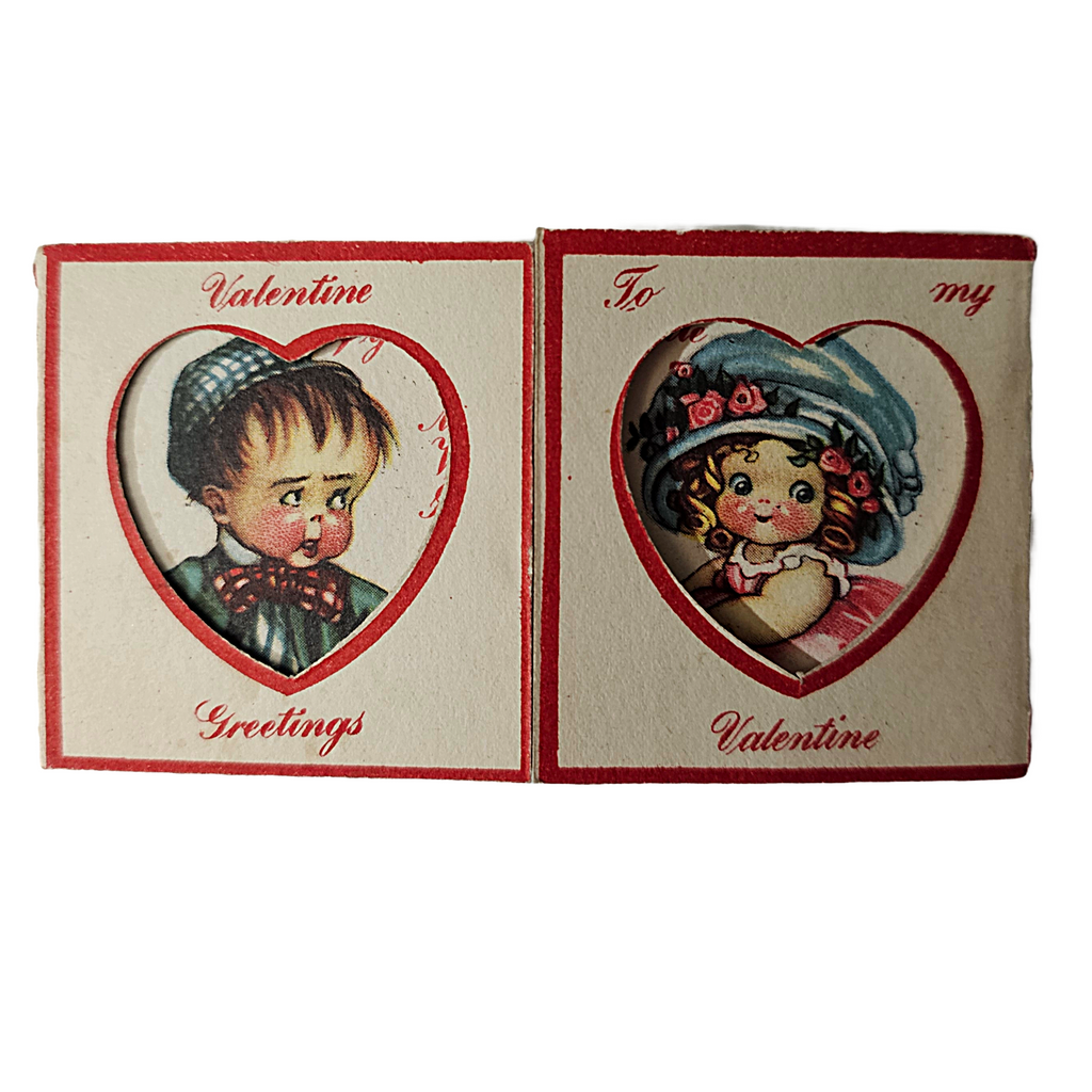 Vintage Die Cut Valentine Card Little Girl & Boy Portrait Framed in Hearts