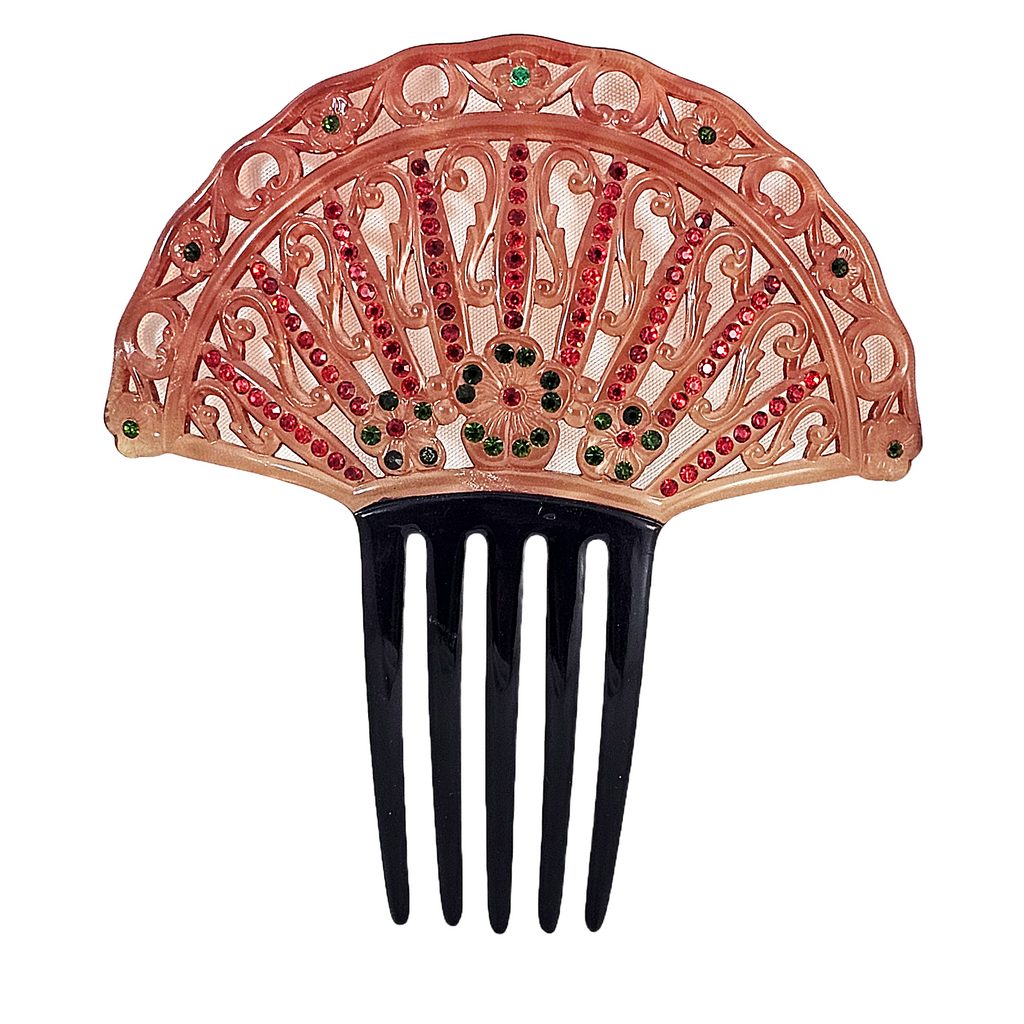 Antique Art Deco Celluloid Carved Hair Comb Fashion Accessory Large Ginger & Black with Green Red Rhinestones