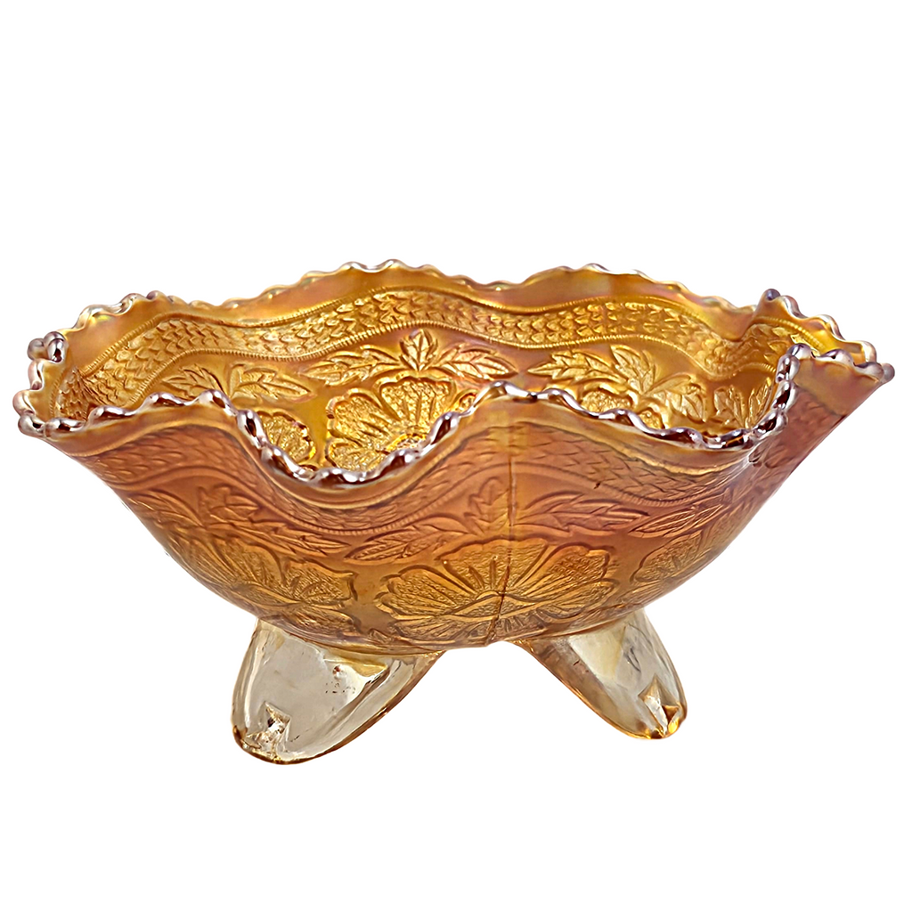 Fenton Antique Marigold Carnival Glass Two Flowers Dogwood and Marsh Lily Spatula Foot Bowl Ruffle and Sawtooth Rim