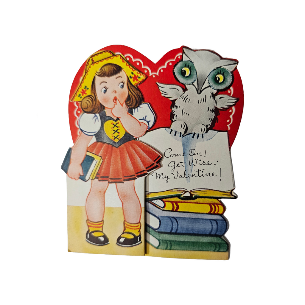 Antique Vintage Die Cut Valentine Little Girl with Owl on Books Come On Get Wise