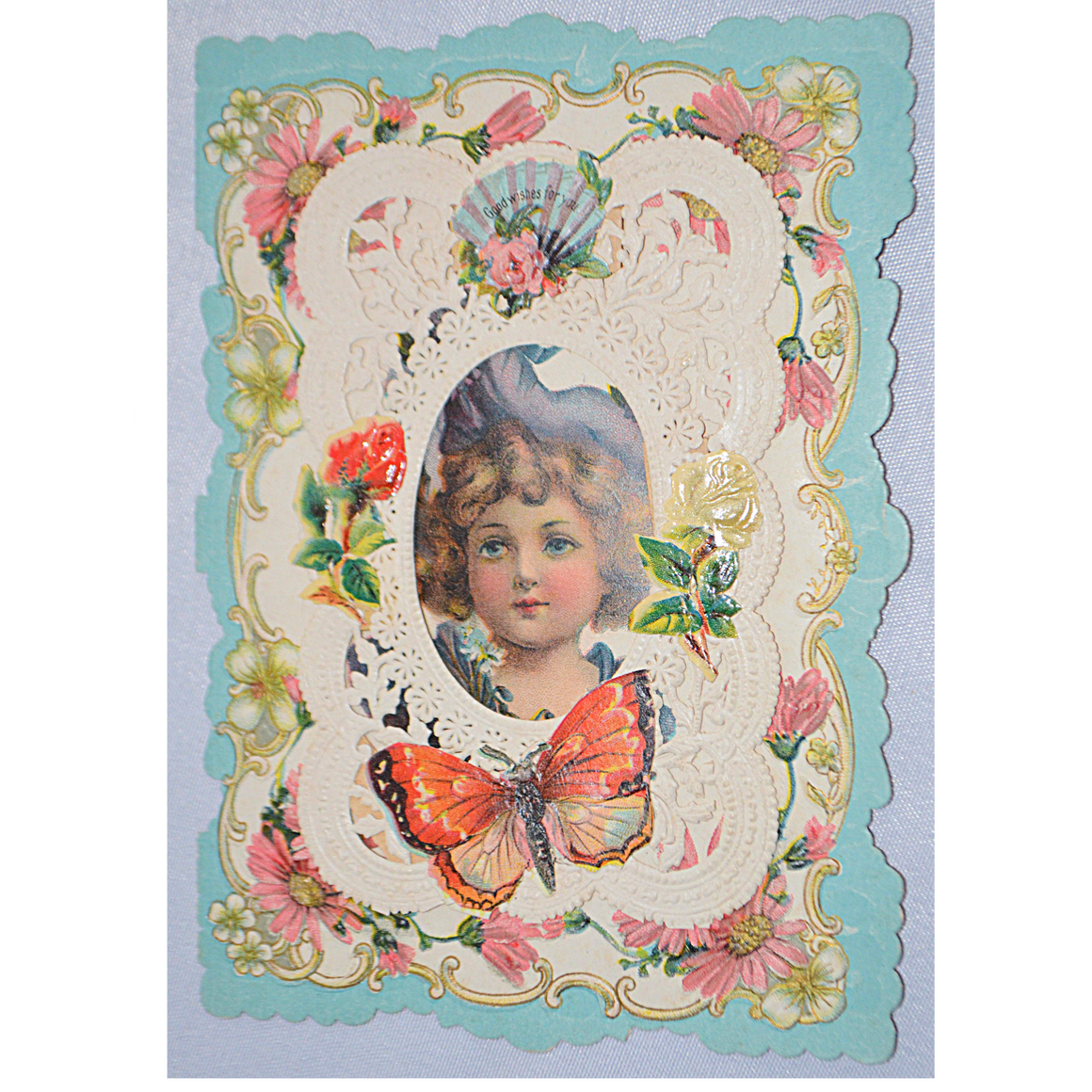 Die Cut Embossed Antique Valentine Card Chromolithograph Little Girl with Butterflies & Dresden Paper Lace