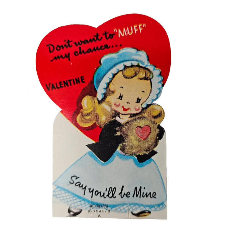Vintage Die Cut Valentine Little Girl in Blue Dress "Don't Want to Muff My Chance Say You'll Be Mine" 1940s