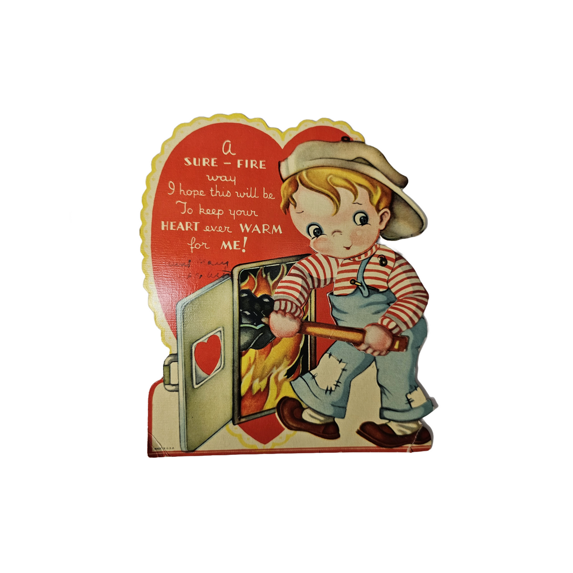 Antique Die Cut Antique Die Cut Mechanical Valentine Card Boy Shoveling Coal Into Burning Furnace
