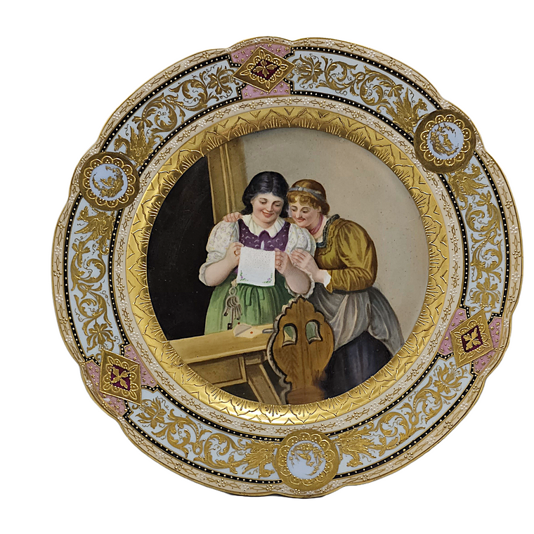 Royal Vienna Style Cabinet Plate Artist Signed 24K Gold Rudolstadt Hand Painted Portrait Scene
