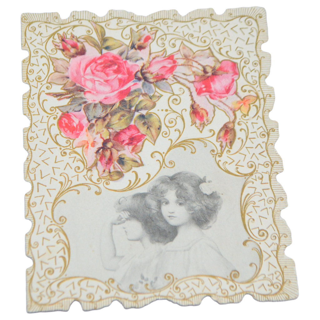 Die Cut Embossed Antique Valentine Card Chromolithograph Little Girls with Roses