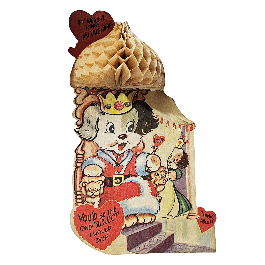 Vintage Antique Valentine Card Humanized Dog Crowned King Girl Queen Puppy Dog Behind Curtain Honeycomb Umbrella