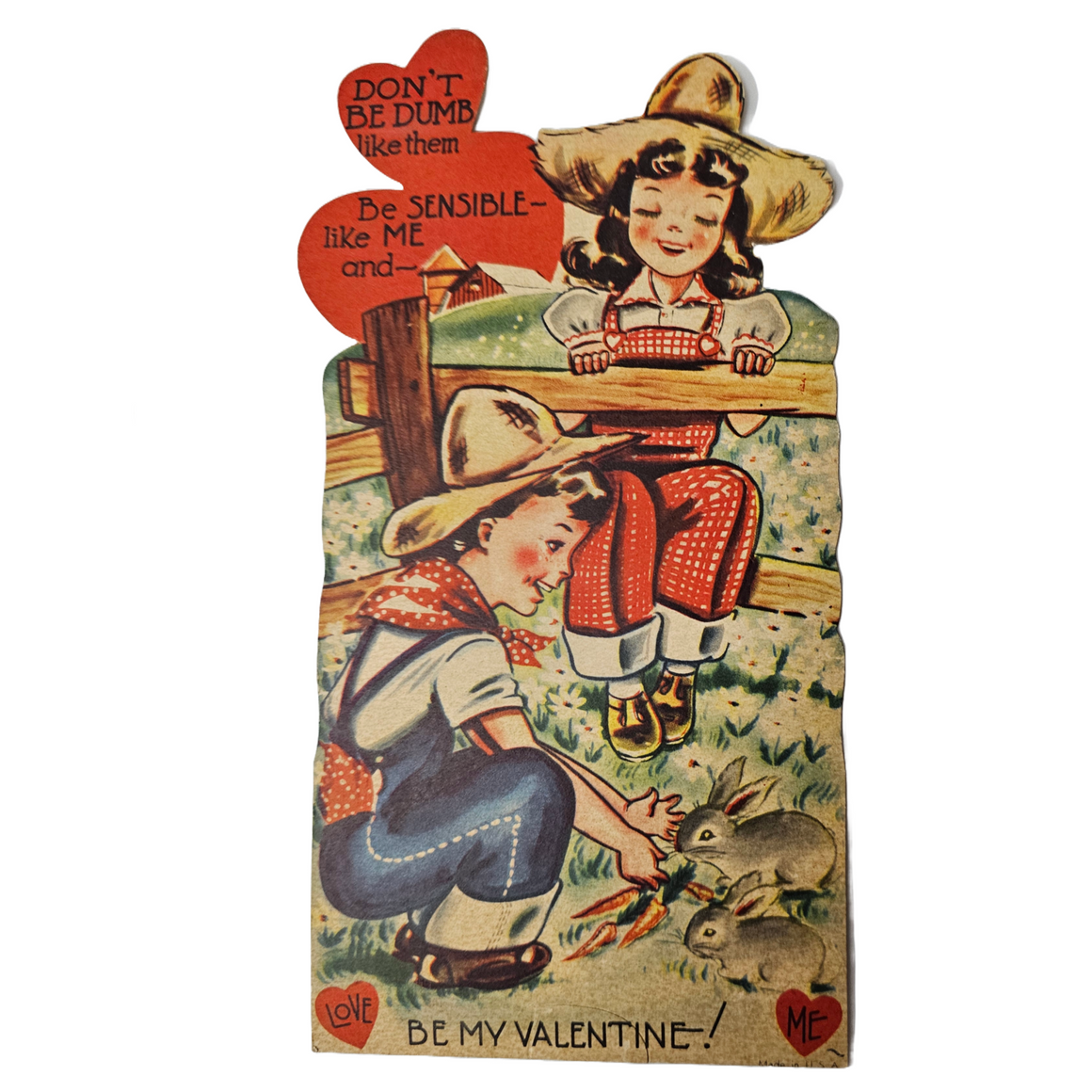 Vintage Antique Die Cut Valentine Card Farm Girl & Boy Feeding Rabbits Flirting Over Fence