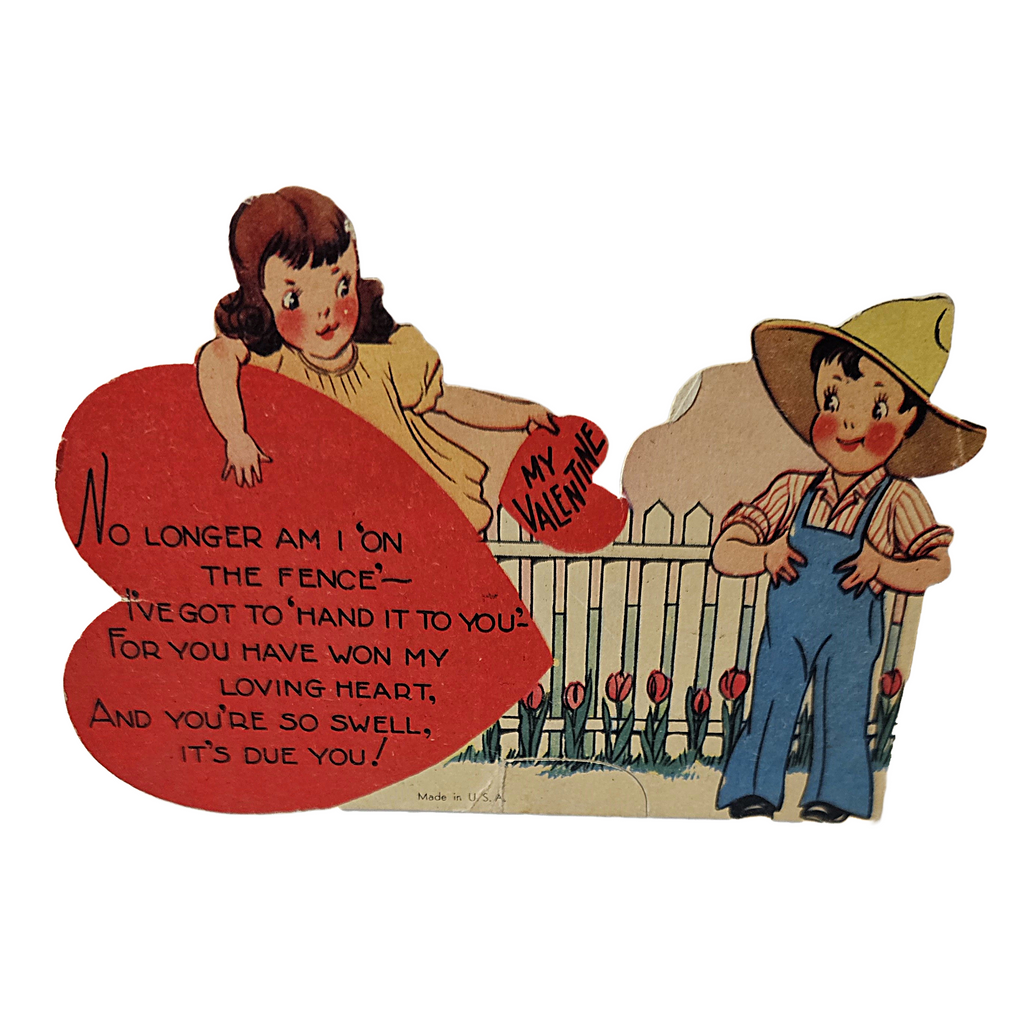 Vintage Antique Die Cut Valentine Card Little Girl Handing Heart To Farmer Boy in Straw Hat