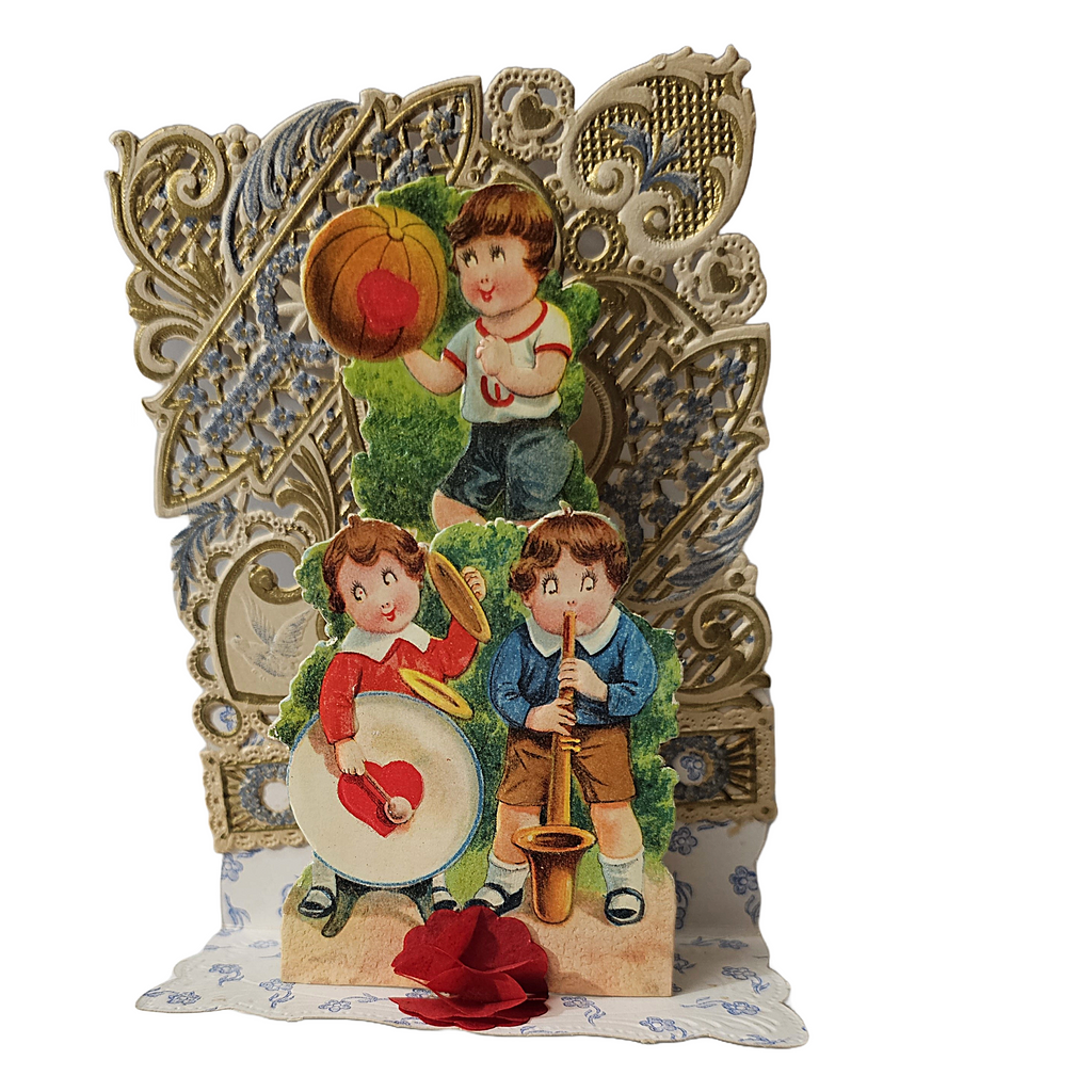 Vintage Antique Die Cut Valentine Card 3D Three Boys One Holding Basketball Two Playing Instruments Stand Up Honeycomb
