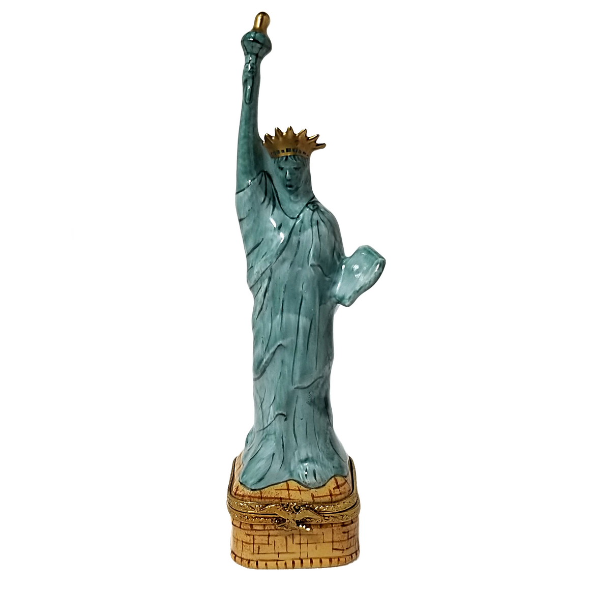 Vintage Limoges Peint Main Porcelain Statue of Liberty Hinged Trinket Box Artist Signed