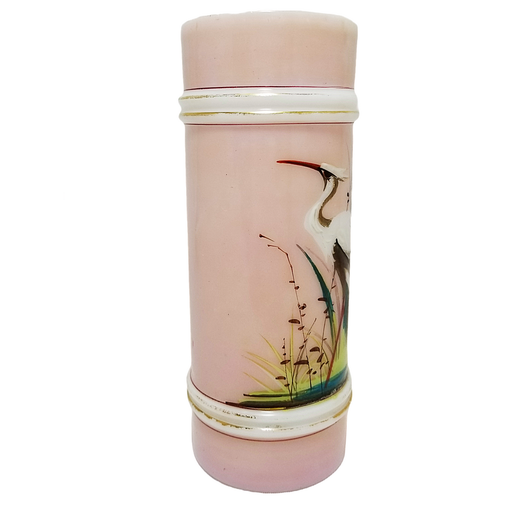 Antique Mt Washington Smith Brothers Sandwich Glass Ring Cylinder Vase Pink with Whooping Crane