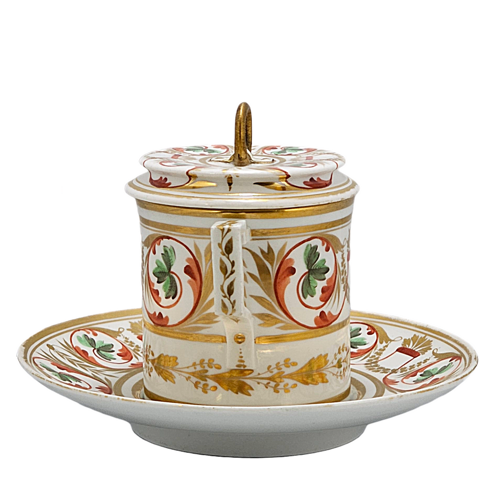 Rare Antique 1800s DERBY English Porcelain Chocolate Cup Saucer & Lid Imari Pattern